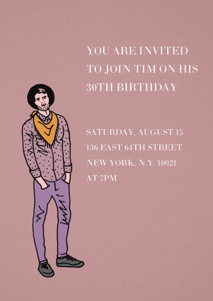 Invitation in purple with young man for 30th birthday.