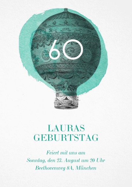 60. Geburtstagseinladungskarte mit Heißluftballon und editierbarem Text.