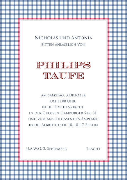 Online Einladungskarten zur Taufe in bayerischem Trachtdesign, inklusive editierbarer Text für die Taufeinladung.