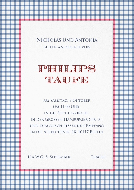 Einladungskarten zur Taufe in bayerischem Trachtdesign, inklusive editierbarer Text für die Taufeinladung.