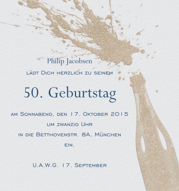 Online Einladungskarte mit Flasche Champagner, die Feierlaune macht.