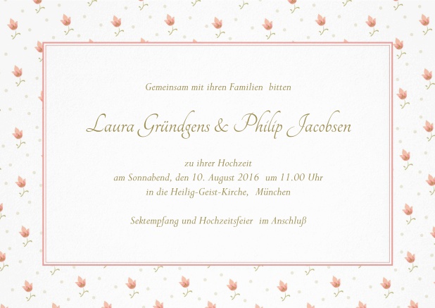 Einladungskarte zur Hochzeit mit zarten roten Blümchen.