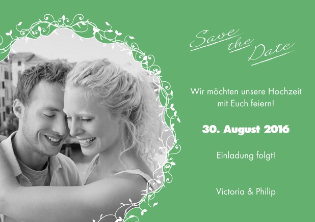 Online Ein grünes Glück zur Hochzeit als Einladungskarte.