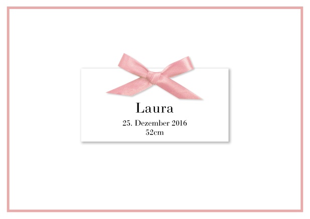 Online Klassische Geburtsanzeige mit GEDRUCKTER Schleife in Rosa mit passender feiner Linie als Rand und Innenfoto.