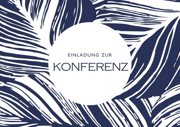 Online Einladungskarte zum Firmenevent mit großen blauen Blättern. Weiss.