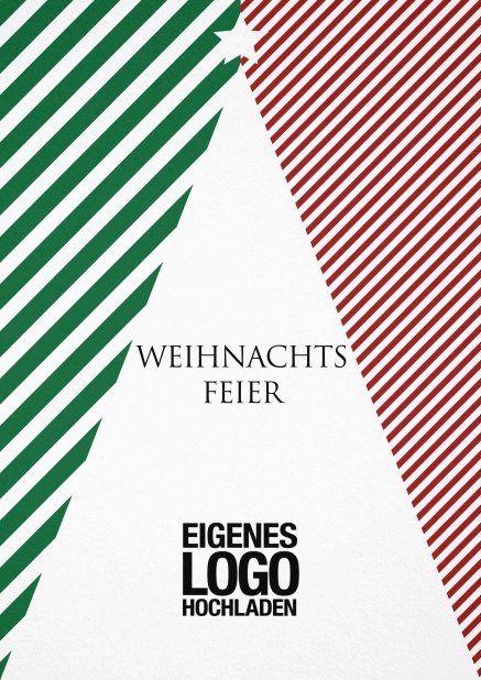 Einladungskarte zur Weihnachtsfeier mit weissem Weihnachtsbaum und Stern.