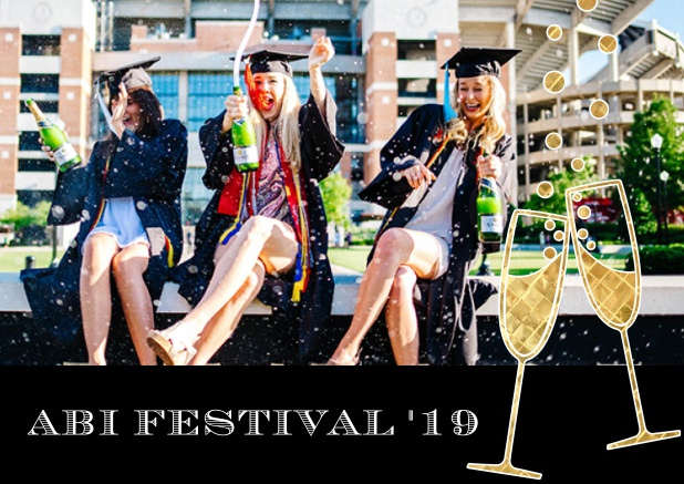 Abi 19 Champagne - Schwarz - Abifest Abitur Online Einladungskarte mit Foto zum hochladen und Champagne Gläsern. Schwarz.