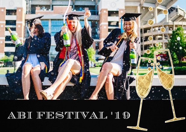 Abi 19 Champagne - Schwarz - Abifest Abitur Einladungskarte mit Foto zum hochladen und Champagne Gläsern. Schwarz.