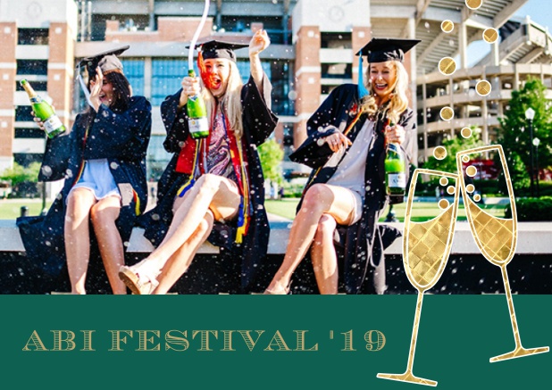 Abi 19 Champagne - Grün - Abifest Abitur Online Einladungskarte mit Foto zum hochladen und Champagne Gläsern. Grün.