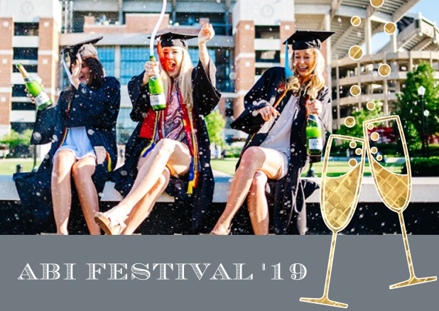 Abi 19 Champagne - Grau - Abifest Abitur Online Einladungskarte mit Foto zum hochladen und Champagne Gläsern. Grau.