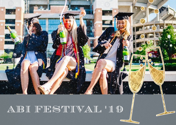 Abi 19 Champagne - Grau - Abifest Abitur Einladungskarte mit Foto zum hochladen und Champagne Gläsern. Grau.