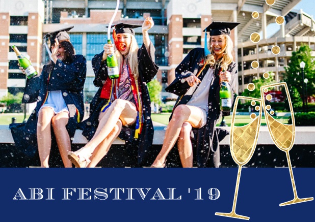 Abi 19 Champagne - Marine - Abifest Abitur Online Einladungskarte mit Foto zum hochladen und Champagne Gläsern. Marine.