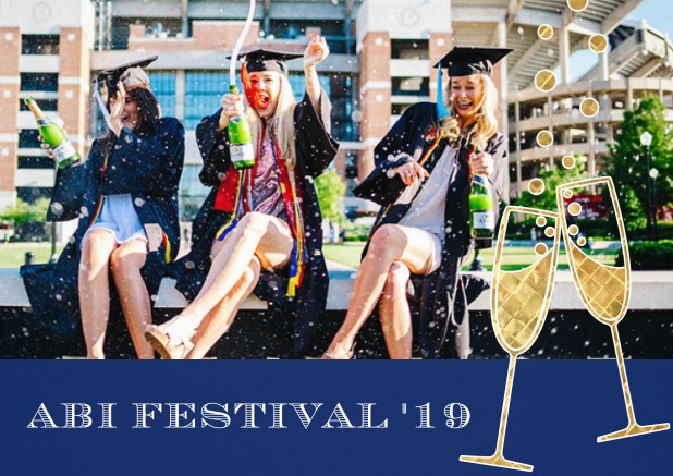 Abi 19 Champagne - Marine - Abifest Abitur Einladungskarte mit Foto zum hochladen und Champagne Gläsern. Marine.