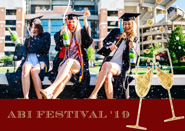 Abi 19 Champagne - Rot - Abifest Abitur Online Einladungskarte mit Foto zum hochladen und Champagne Gläsern. Rot.