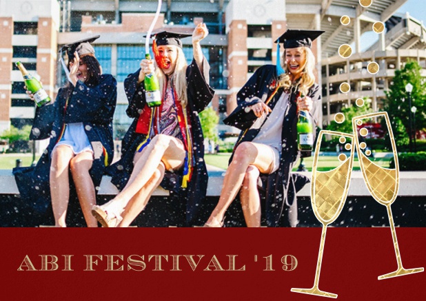 Abi 19 Champagne - Rot - Abifest Abitur Einladungskarte mit Foto zum hochladen und Champagne Gläsern. Rot.