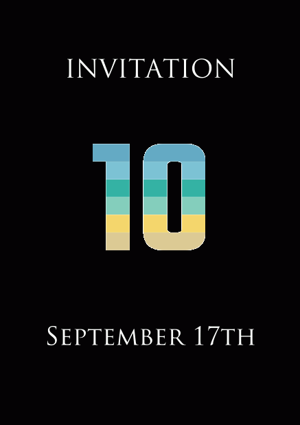 Online invitation card to a 10th Anniversary Celebration with an animated number 10 animating in blue, green and yellow. Black.
