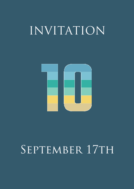 Online invitation card to a 10th Anniversary Celebration with an animated number 10 animating in blue, green and yellow. Blue.