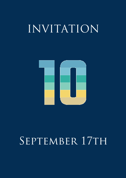 Online invitation card to a 10th Anniversary Celebration with an animated number 10 animating in blue, green and yellow. Navy.