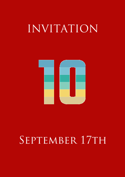 Online invitation card to a 10th Anniversary Celebration with an animated number 10 animating in blue, green and yellow. Red.