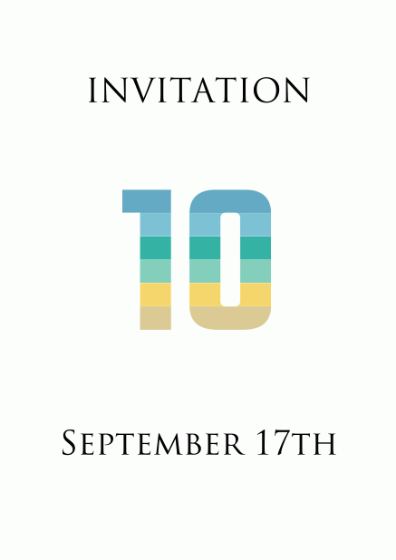 Online invitation card to a 10th Anniversary Celebration with an animated number 10 animating in blue, green and yellow. White.
