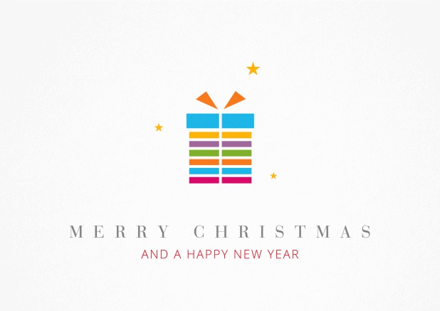 Christmas Card with colorful present incl. New Years Greetings.