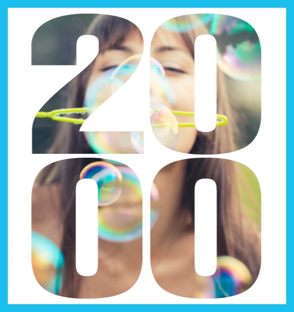 2000 geboren - Blau - 20. Geburtstag Online Einladungskarte zum 20. Geburtstag mit grossem ausgeschnittenen Geburtsjahr 2000 für ein eigenes Foto. Blau.