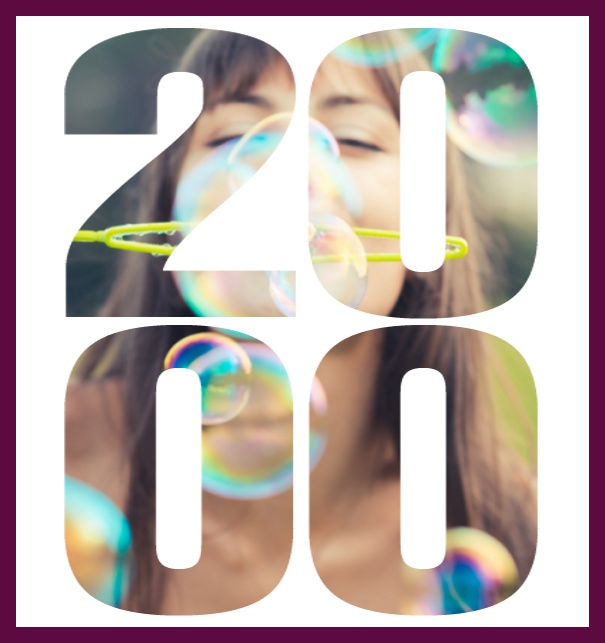 2000 geboren - Lila - 20. Geburtstag Online Einladungskarte zum 20. Geburtstag mit grossem ausgeschnittenen Geburtsjahr 2000 für ein eigenes Foto. Lila.