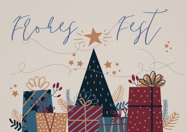 Weihnachtsfeier Einladungskarte mit Frohes Fest Text und Weihnachtsgeschenken