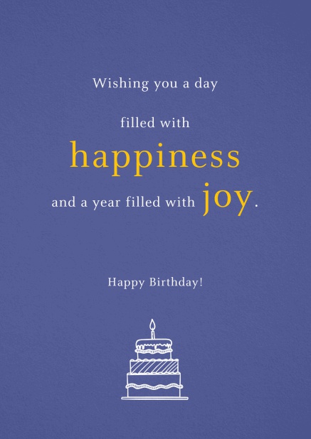 Blaue Geburtstagskarte mit Text voller Happiniess und Joy.