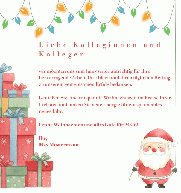 Weihnachtskarte mit dem Weihnachtsmann, einem Berg an Geschenken und leiuchtender farbiger Lichterkette