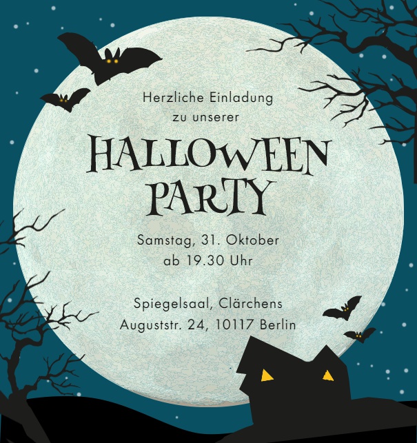 Online Halloween Einladungskarte mit Vollmond und Fledermäusen