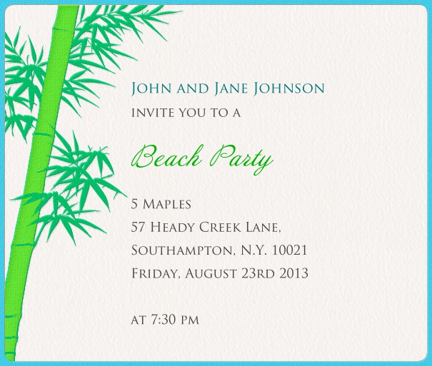 Weiße online Einladungskarte mit blauem Rand und grüner Palme.