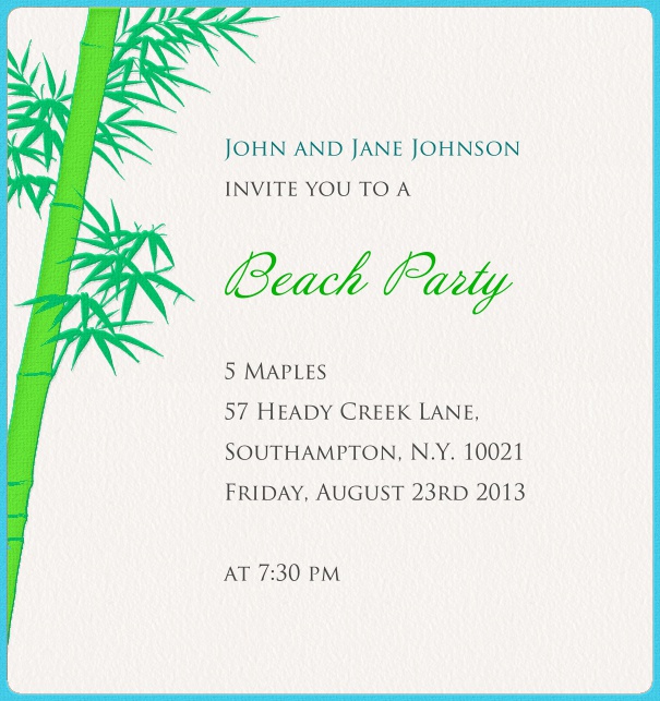Weiße online Einladungskarte in Hochkant mit blauem Rand und grüner Palme.
