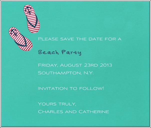 Turquoise Summer Themed Seasonal Save the Date Template with Flip Flops.