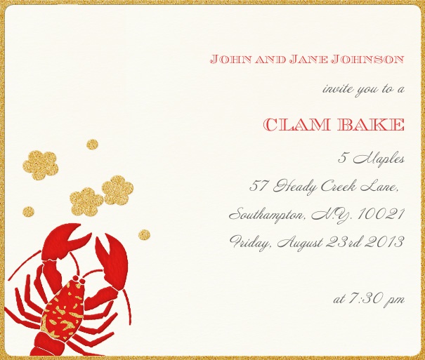 Online Einladungskarte mit Goldrand und roten Hummer.