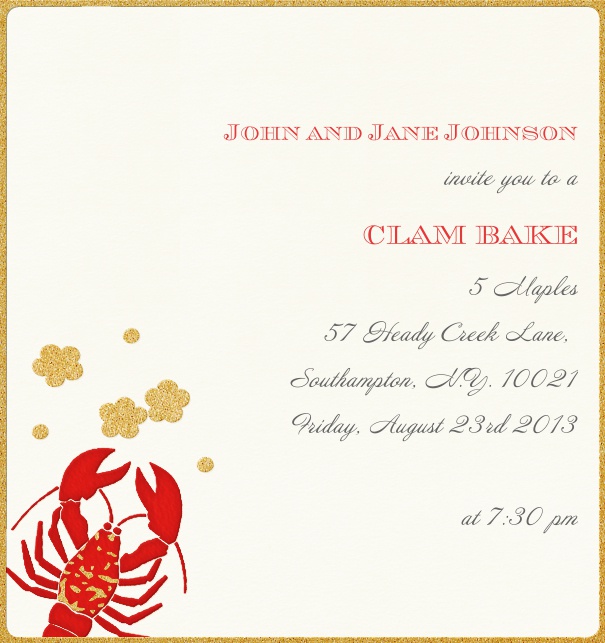 Online Einladungskarte in Hochkant mit Goldrand und roten Hummer.
