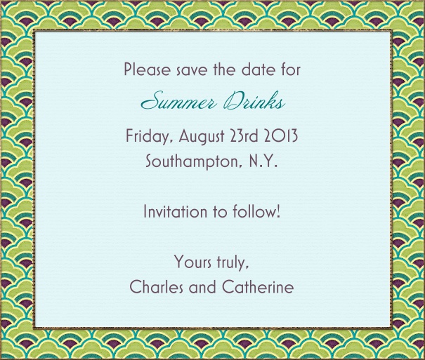Grey Blue Summer Themed Seasonal Save the Date Card with Green Floral Border.