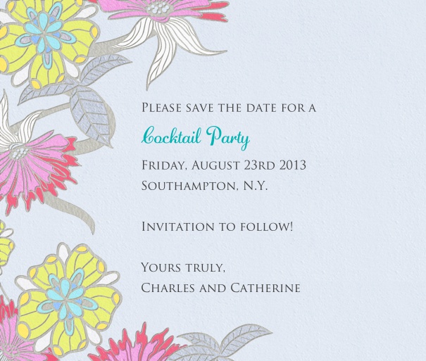 Grey Summer Themed Seasonal Save the Date Card with Colorful Flower Motif.