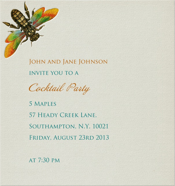 Graue, sommerliche Einladungskarte in Hochkant mit bunter Libelle.