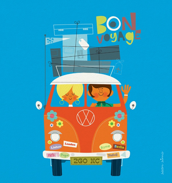 Blaue Einweihungspartykarte mit buntem VW-Bus und dem Text "Bon Voyage".