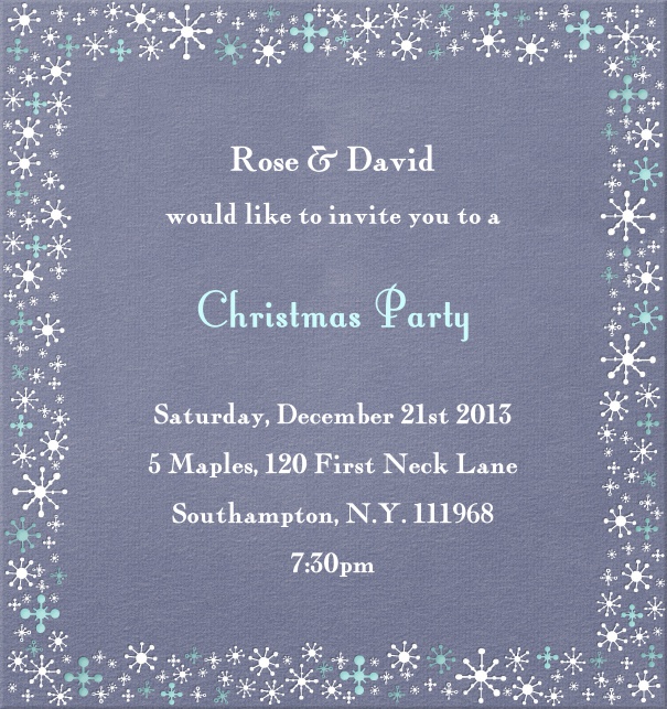 Blue grey Christmas high format invitation card with sparkling stars around the card. Including designed text in wite and blue to match the card.
