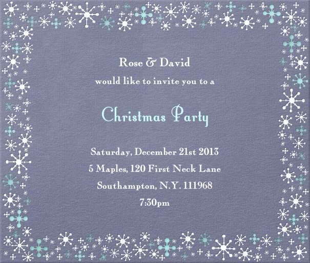 Blue grey Christmas square format invitation card with sparkling stars around the card. Including designed text in wite and blue to match the card.