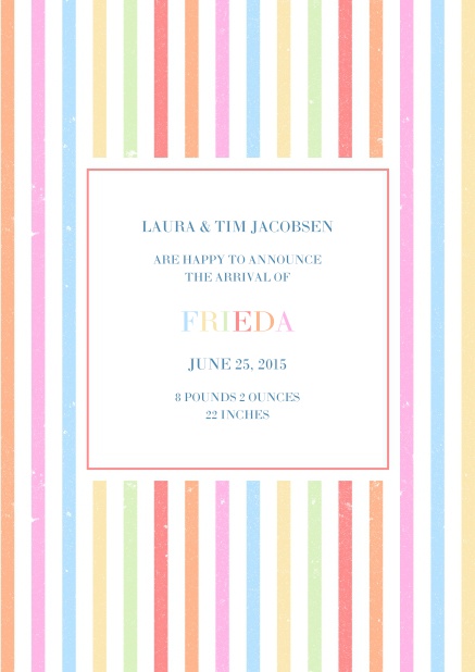 Birth announcement card with colorful stripes