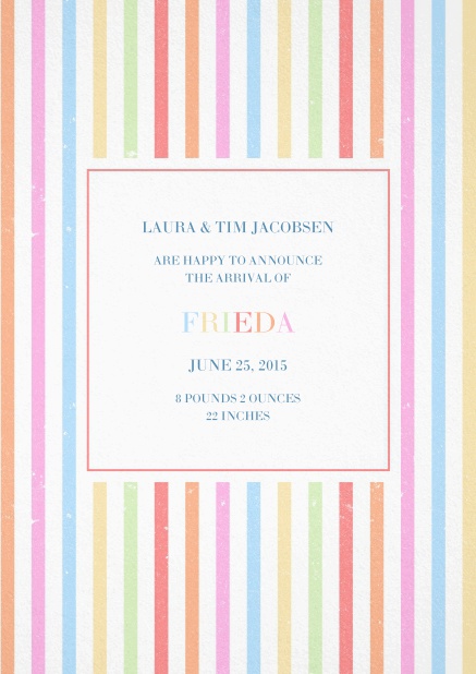 Birth announcement card with colorful stripes
