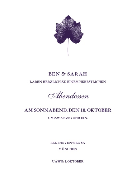 Online Einladungskarte im herbstlichen Stil mit zentriertem Blatt. Lila.