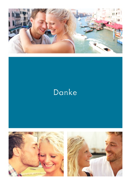 Online Dankeskarte mit Drei Fotofeldern und dazwischen ein farbiges Textfeld Blau.