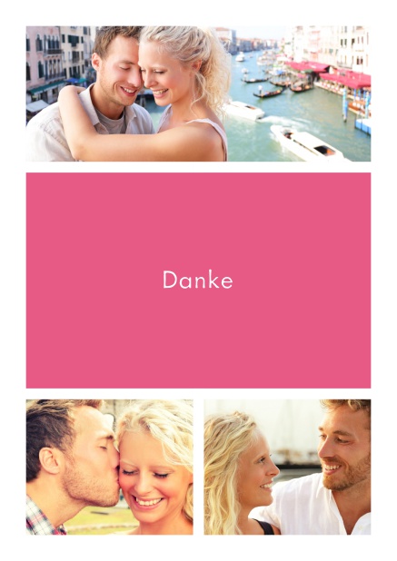 Online Dankeskarte mit Drei Fotofeldern und dazwischen ein farbiges Textfeld Rosa.