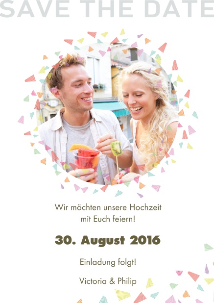 Online Save the Date Karte zur Hochzeit mit bunter Deko rund um ein Fotofeld.