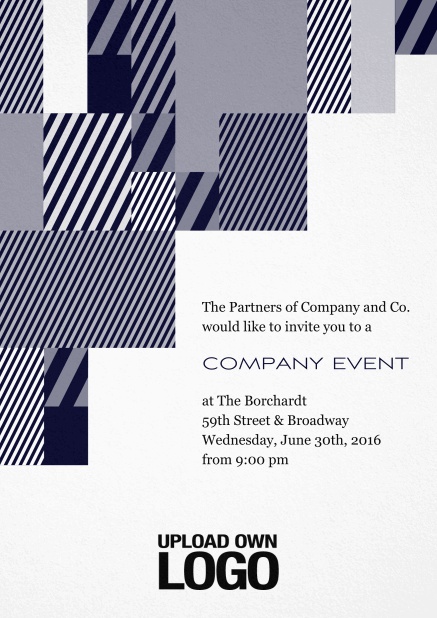 Weiße Einladungskarte für Firmenevents mit modernem Muster links, Logo-Option und Textfeld. Blau.
