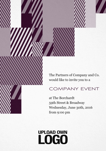 Weiße Einladungskarte für Firmenevents mit modernem Muster links, Logo-Option und Textfeld. Rot.